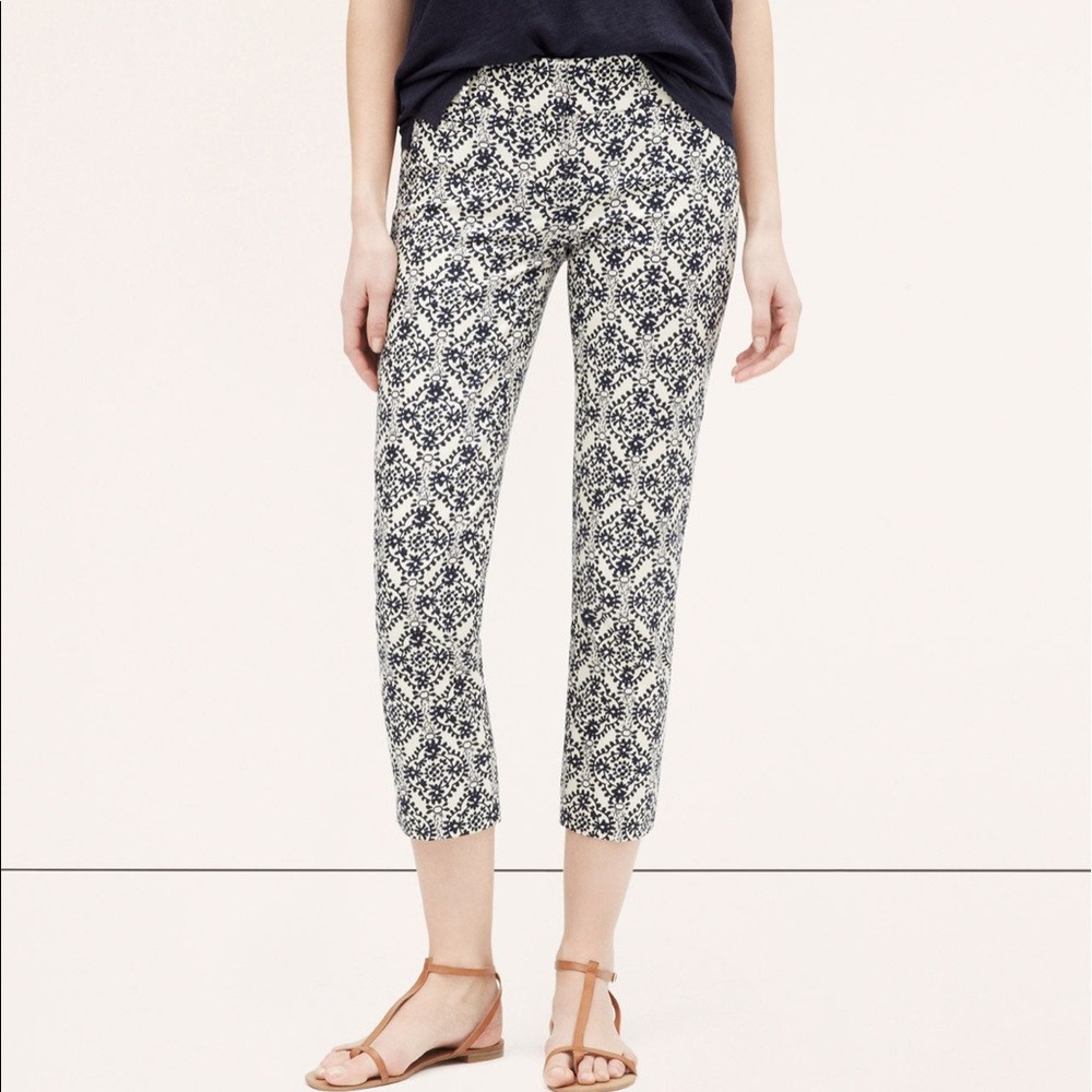 Loft Riveria Navy & Cream Tile-Print Ankle Pants